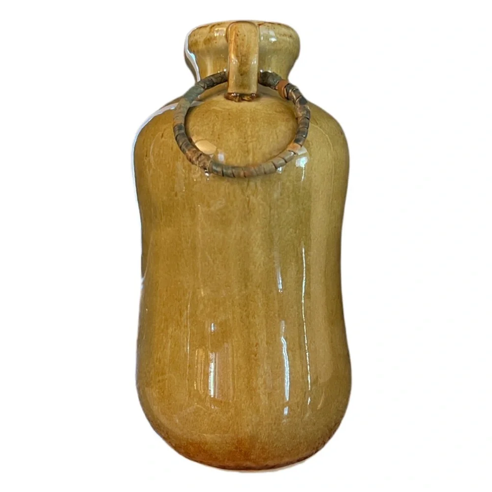 Rustic Glazed Stoneware Pottery Vase Farmhouse Decor‎ Wicker Handles Neutral